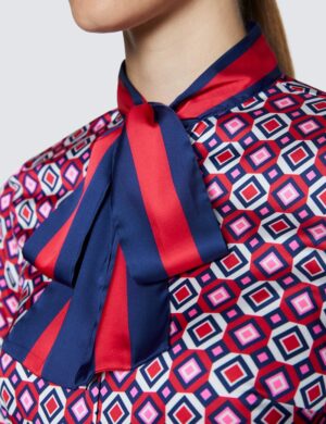 Red & Navy Geometric Print Bow Blouse – Hawes and Curtis Women's Blouse
