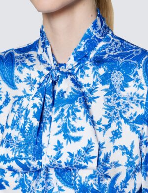 White & Blue Floral Print Bow Blouse – Hawes and Curtis Women's Blouse