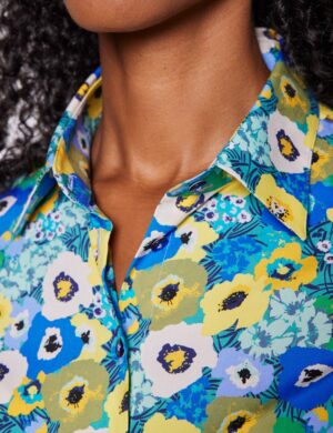 Blue & Yellow Floral Print Fitted Cotton Stretch Shirt – Hawes and Curtis Women's Shirt