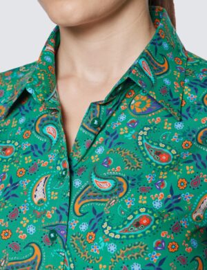 Green & Orange Multi Paisley Print Fitted Cotton Stretch Shirt – Hawes and Curtis Women's Shirt